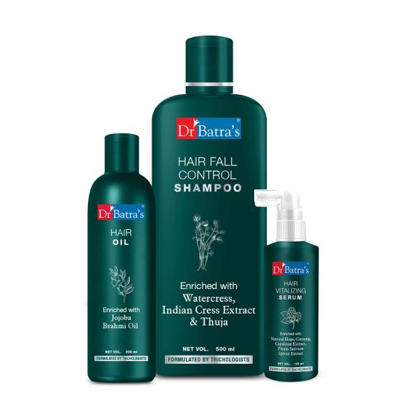 Netmeds | Dr Batra's Hair Fall Control Shampoo 500 ml + Hair Oil 200 ml + Hair Vitalizing Serum 125 ml