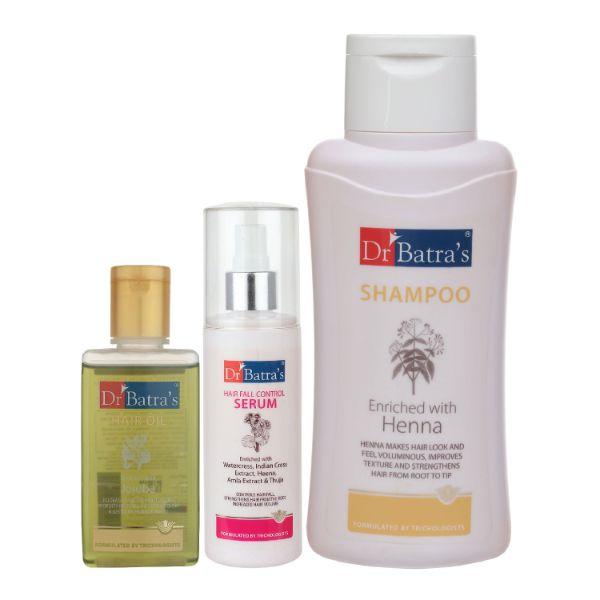 Netmeds | Dr Batra's Shampoo 500 ml + Hair Oil 100 ml + Hair Fall Control Serum 125 ml