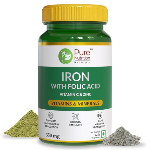 Netmeds | Pure Nutrition Iron with Folic Acid Vitamin & Zinc 350 mg Veg Tablet 60's