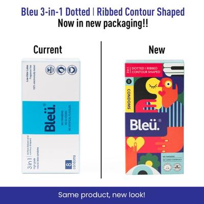 Bleu 3 in 1 High Grade Natural Latex Dotted Ribbed and Contour Shaped Condoms 8's - Plain/Flavoured Condoms